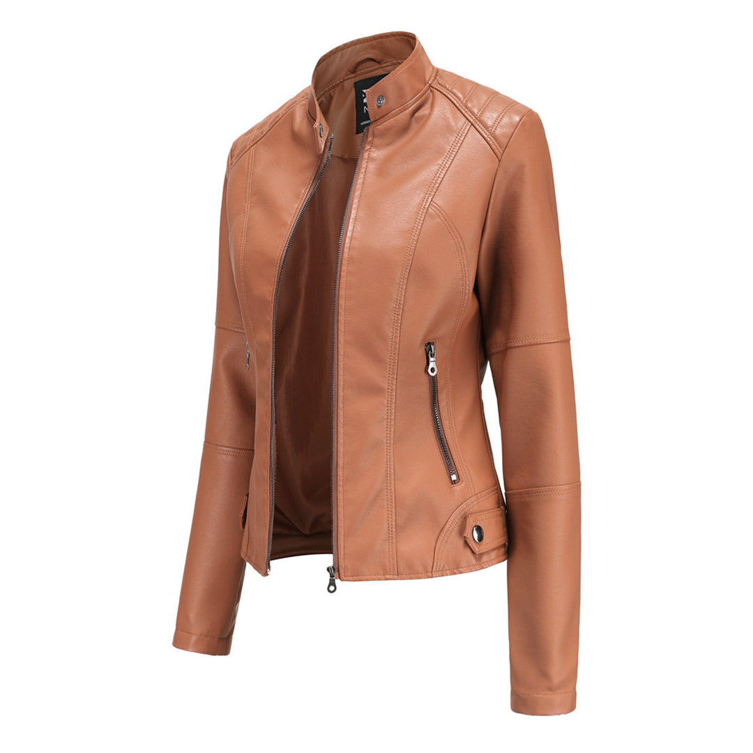 Stylish Faux Leather Moto Jacket for Women with Stand Collar Long Sleeve Cropped Fitted Casual Style