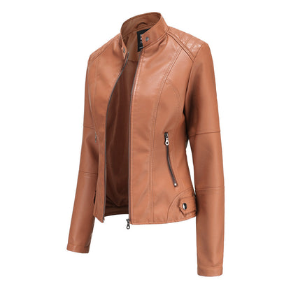 Stylish Faux Leather Moto Jacket for Women with Stand Collar Long Sleeve Cropped Fitted Casual Style