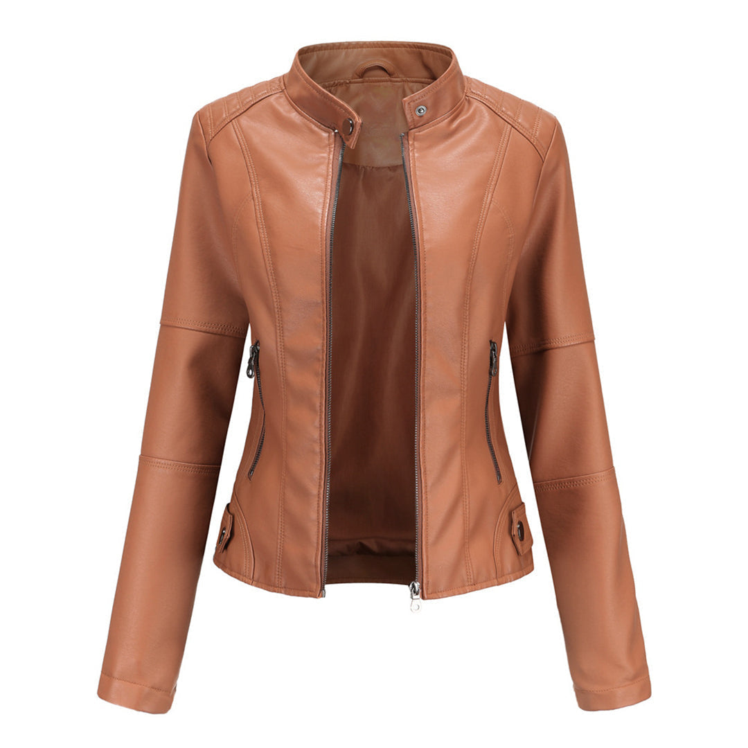 Stylish Faux Leather Moto Jacket for Women with Stand Collar Long Sleeve Cropped Fitted Casual Style