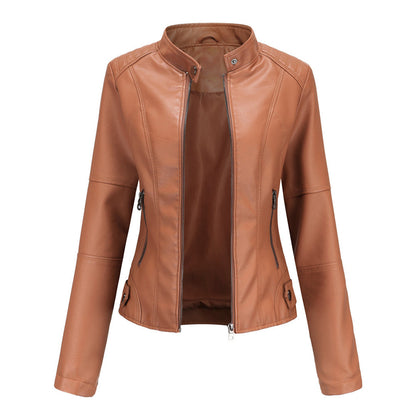 Stylish Faux Leather Moto Jacket for Women with Stand Collar Long Sleeve Cropped Fitted Casual Style