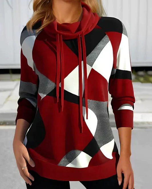 Comfortable Geometric Print Tunic Top for Women with Cowl Neck Long Sleeve Drawstring Relaxed Style