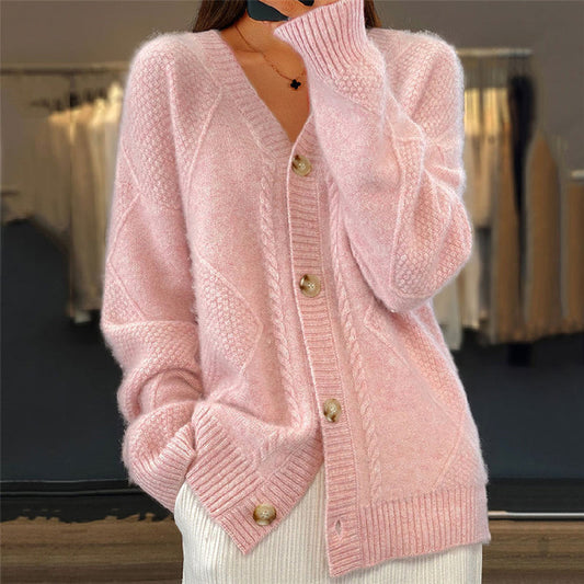 Comfortable Cable Knit Cardigan for Women with V Neck Long Sleeve Button Front Relaxed Oversized Style
