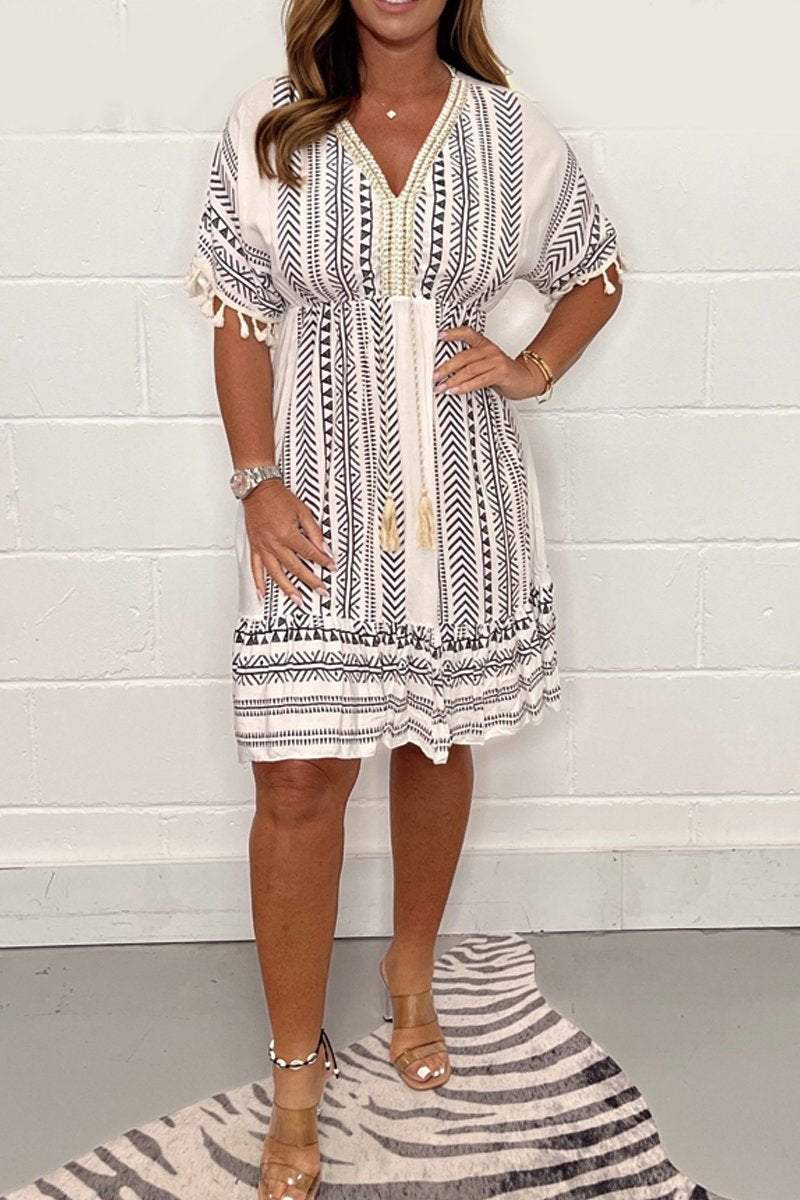 Effortless Tribal Print Kaftan Dress for Women with V Neck Short Sleeve Tassel Trim Boho Style