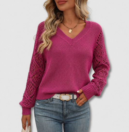 Comfortable Crochet Sleeve Sweater for Women with V Neck Long Sleeve Relaxed Knit Style