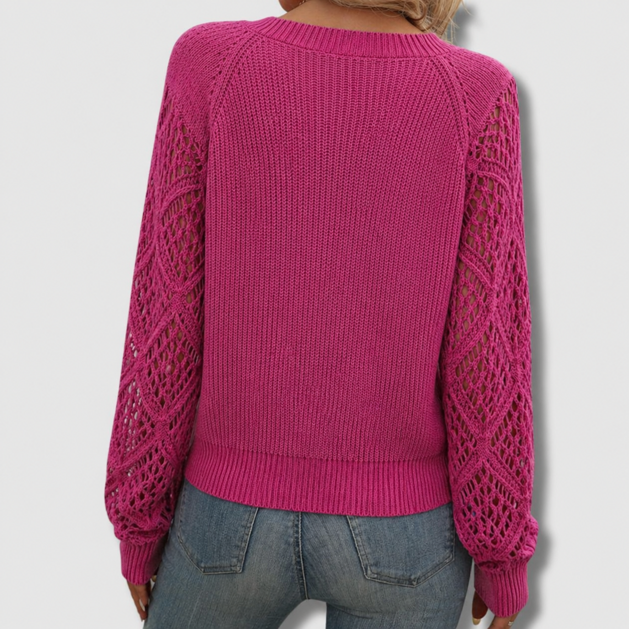 Comfortable Crochet Sleeve Sweater for Women with V Neck Long Sleeve Relaxed Knit Style