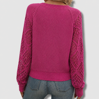 Comfortable Crochet Sleeve Sweater for Women with V Neck Long Sleeve Relaxed Knit Style