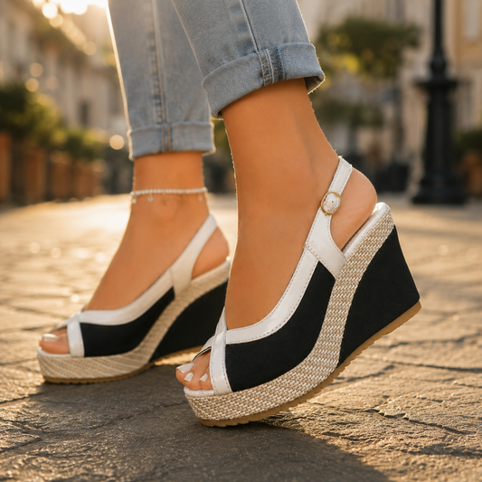 Stylish Colorblock Wedge Sandal for Women with Peep Toe Crisscross Strap Espadrille Platform Style