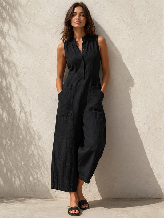 Effortless Linen Jumpsuit for Women with Collar Sleeveless Wide Leg Relaxed Style
