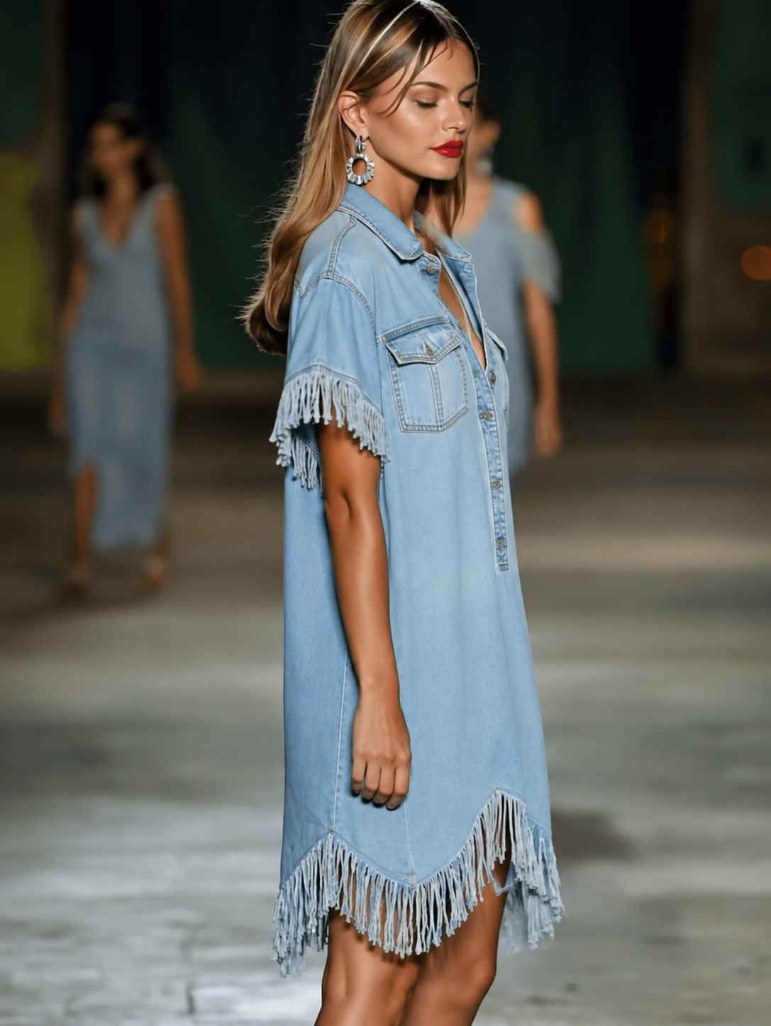 Effortless Light Blue Denim Shirt Dress for Women with Collar Short Sleeve Fringe Trim Handkerchief Hem Style