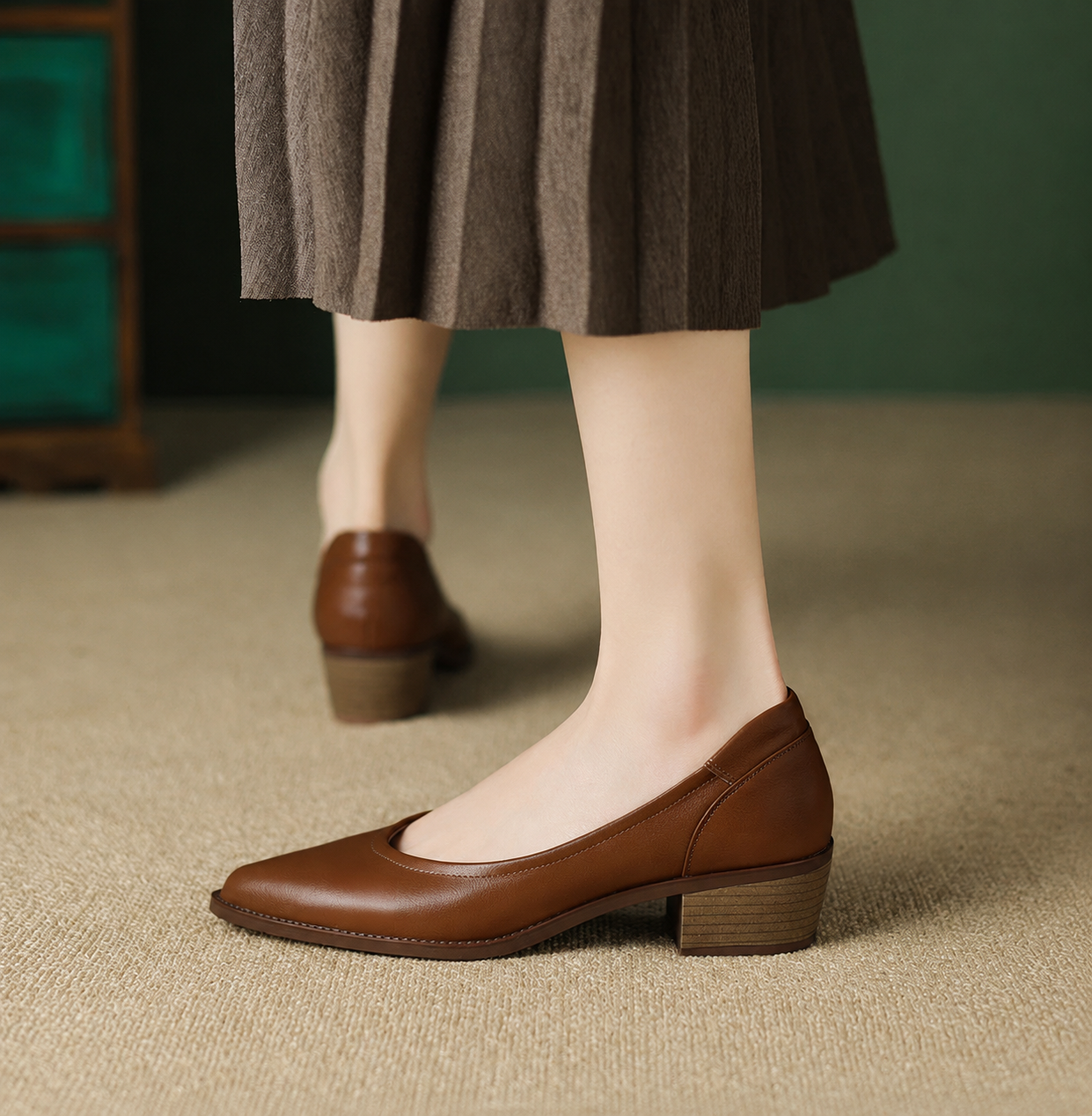 Elegant Leather Block Heel Pump for Women with Pointed Toe Slip On V Cut Casual Style