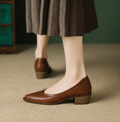 Elegant Leather Block Heel Pump for Women with Pointed Toe Slip On V Cut Casual Style