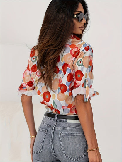 Elegant Multicolor Floral Blouse for Women with Collar Long Sleeve Button Front Relaxed Style