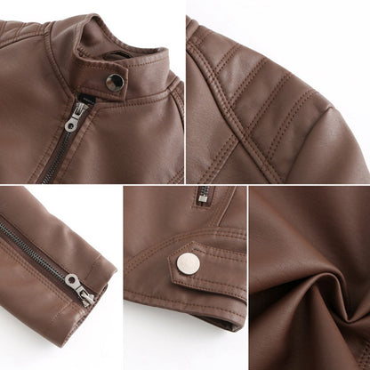 Stylish Faux Leather Moto Jacket for Women with Stand Collar Long Sleeve Cropped Fitted Casual Style