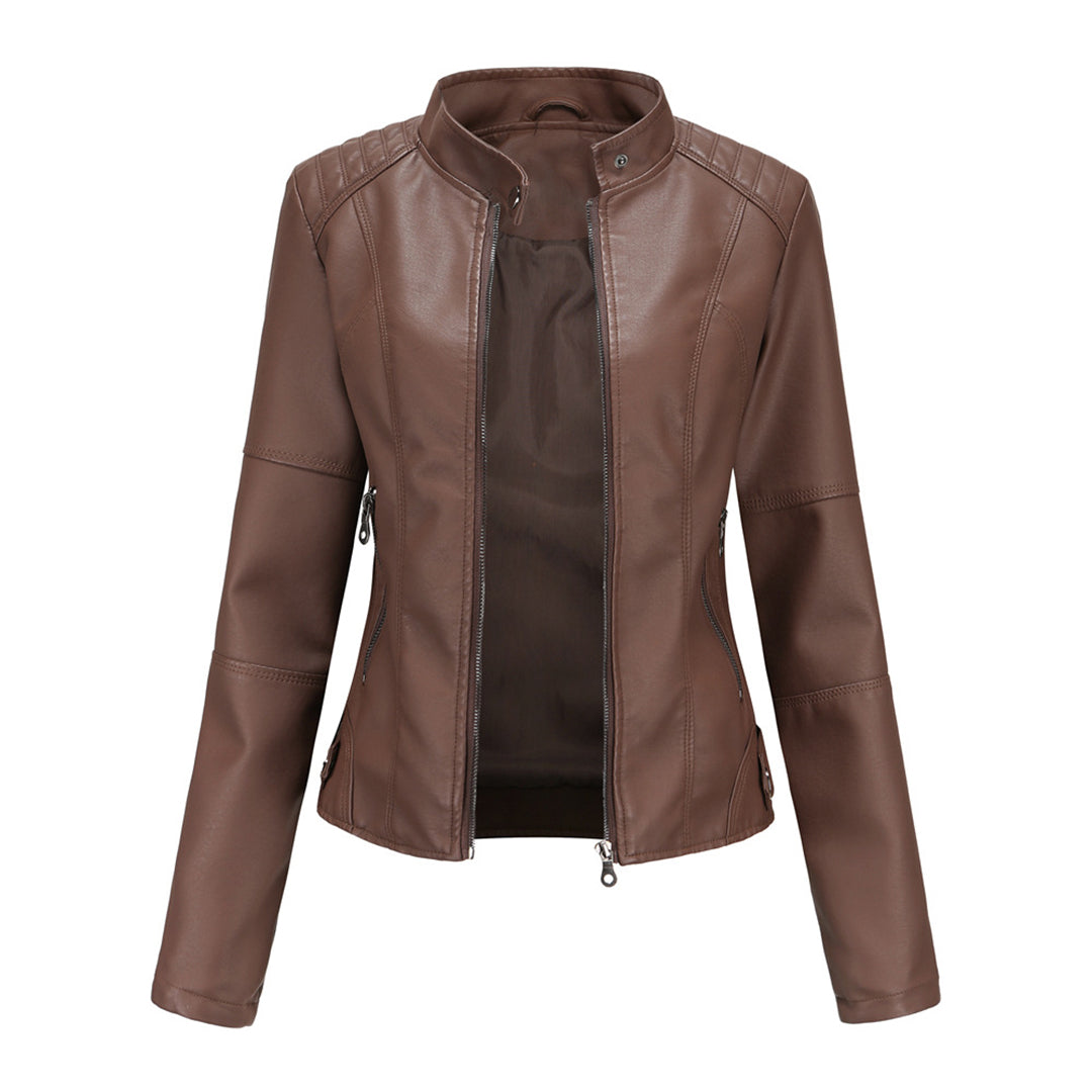 Stylish Faux Leather Moto Jacket for Women with Stand Collar Long Sleeve Cropped Fitted Casual Style