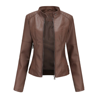 Stylish Faux Leather Moto Jacket for Women with Stand Collar Long Sleeve Cropped Fitted Casual Style