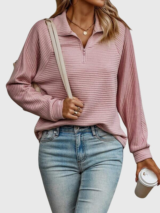 Comfortable Ribbed Quarter Zip Sweater for Women with Collar Long Sleeve Relaxed Oversized Knit Style