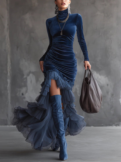 Elegant Dark Blue Velvet Maxi Dress for Women with Turtleneck Long Sleeve Ruched Ruffle Slit Formal Party Style