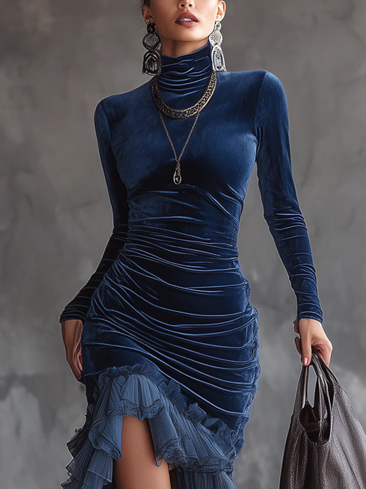 Elegant Dark Blue Velvet Maxi Dress for Women with Turtleneck Long Sleeve Ruched Ruffle Slit Formal Party Style