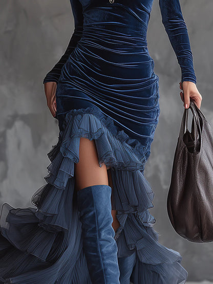 Elegant Dark Blue Velvet Maxi Dress for Women with Turtleneck Long Sleeve Ruched Ruffle Slit Formal Party Style