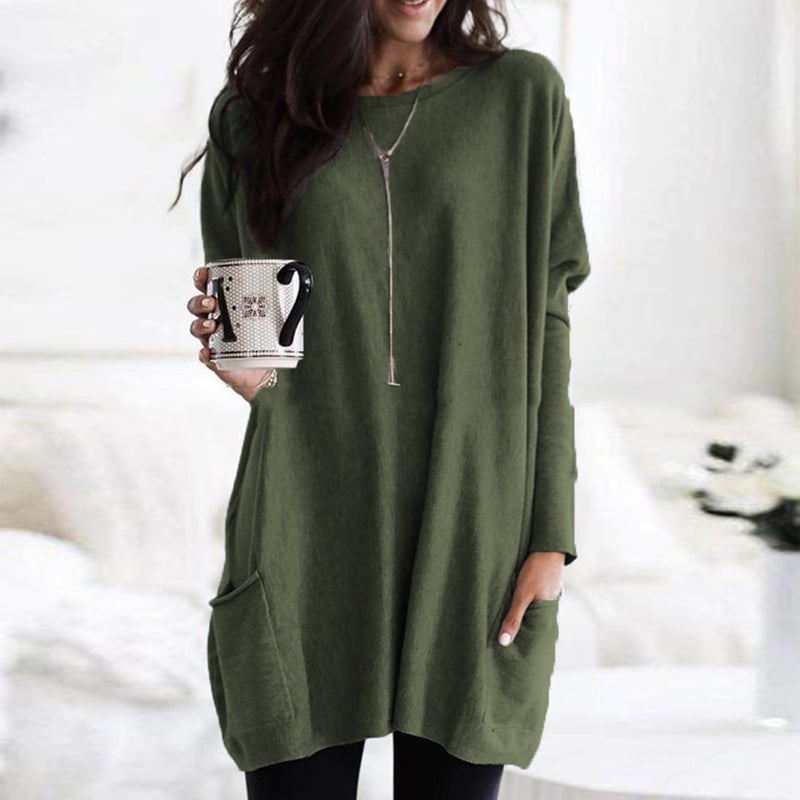 Comfortable Tunic Dress for Women with Round Neck Long Sleeve Oversized Pocket Style