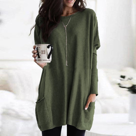Comfortable Tunic Dress for Women with Round Neck Long Sleeve Oversized Pocket Style