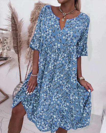 Effortless Floral Midi Dress for Women with V Neck Flutter Sleeve Tiered Swing Bohemian Style
