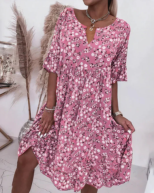 Effortless Floral Midi Dress for Women with V Neck Flutter Sleeve Tiered Swing Bohemian Style