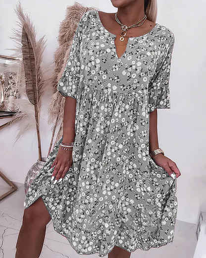Effortless Floral Midi Dress for Women with V Neck Flutter Sleeve Tiered Swing Bohemian Style