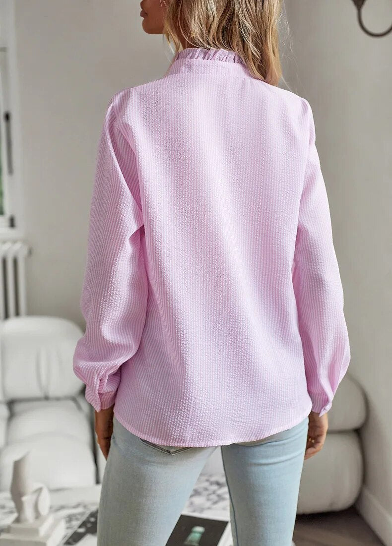 Elegant Ruffle Trim Seersucker Blouse for Women with Stand Collar Long Sleeve Button Front Relaxed Style