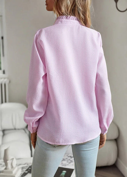 Elegant Ruffle Trim Seersucker Blouse for Women with Stand Collar Long Sleeve Button Front Relaxed Style