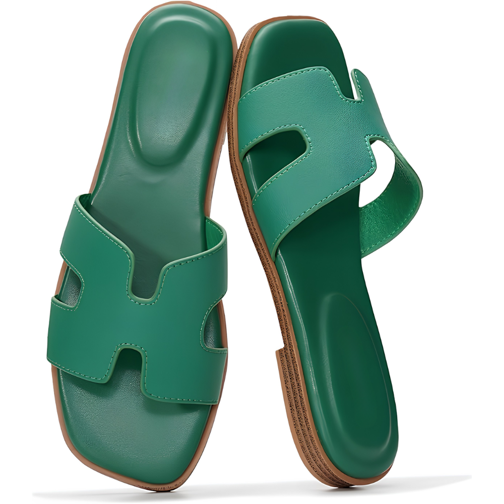 Comfortable Leather Sandals for Women with Cutout Strap Square Toe Flat Slide Style