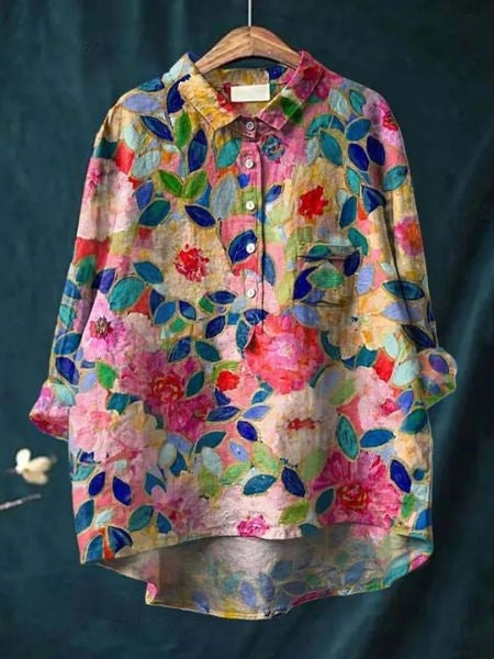 Effortless Floral Linen Blouse for Women with Collar Long Sleeve Button Front High Low Hem Style