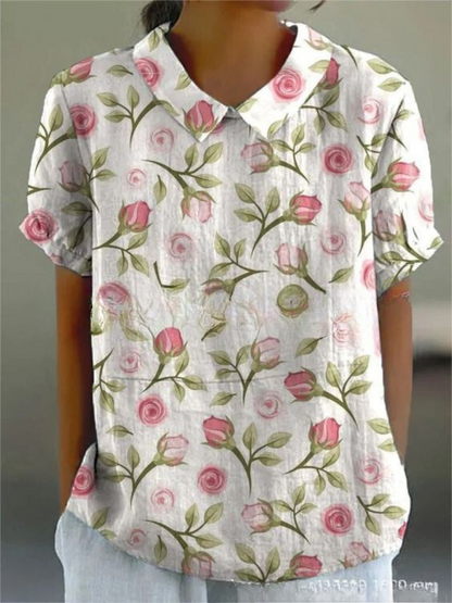 Effortless Floral Linen Blouse for Women with Collar Short Sleeve Relaxed Casual Style