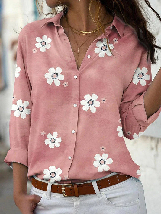 Effortless Floral Blouse for Women with Collared Long Sleeve Button Front Relaxed Style