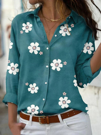 Effortless Floral Blouse for Women with Collared Long Sleeve Button Front Relaxed Style
