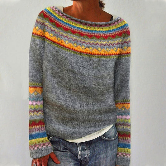 Comfortable Fair Isle Sweater for Women with Round Neck Long Sleeve Relaxed Oversized Knit Style