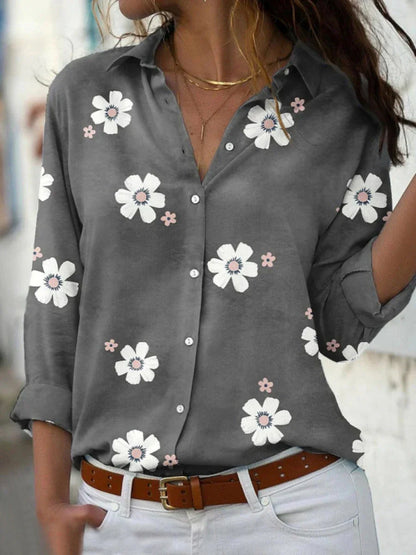 Effortless Floral Blouse for Women with Collared Long Sleeve Button Front Relaxed Style