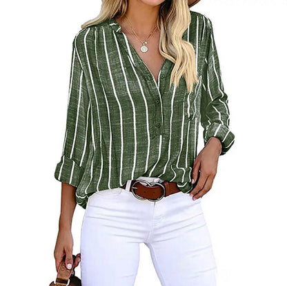 Effortless Striped Blouse for Women with V Neck Long Sleeve Button Front Relaxed Casual Style