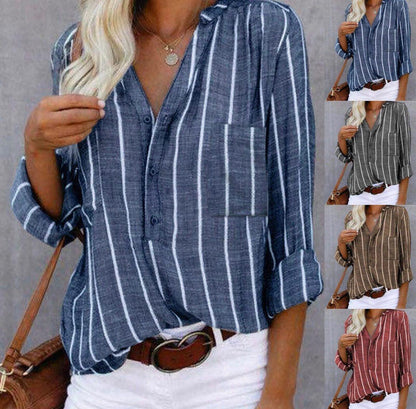 Effortless Striped Blouse for Women with V Neck Long Sleeve Button Front Relaxed Casual Style