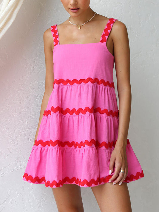 Effortless Tiered Ric Rac Mini Dress for Women with Square Neck Sleeveless Ruffle Hem Bohemian Style