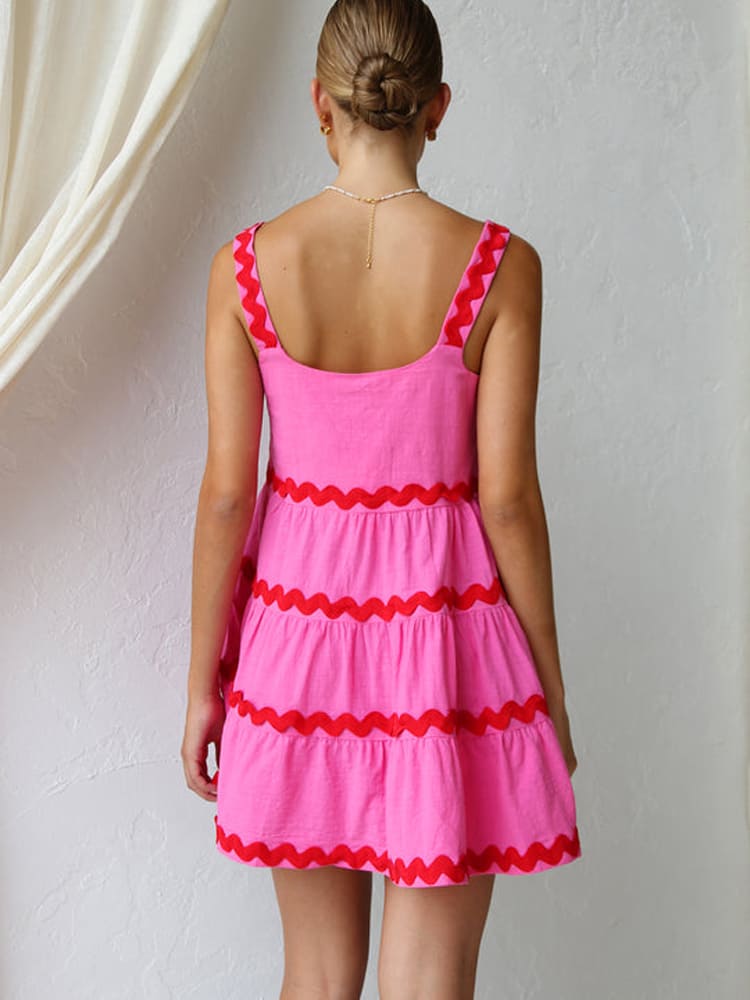 Effortless Tiered Ric Rac Mini Dress for Women with Square Neck Sleeveless Ruffle Hem Bohemian Style