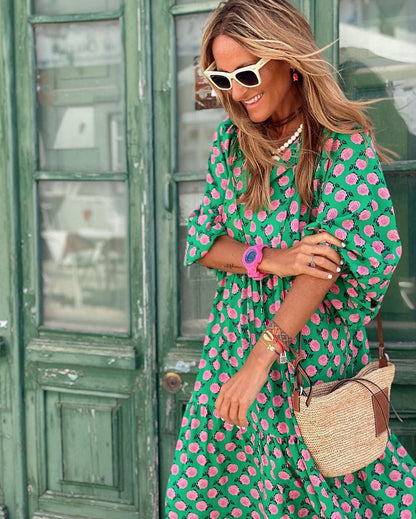 Effortless Floral Maxi Dress for Women with V Neck Bell Sleeve Tiered Ruffle Flowing Bohemian Style
