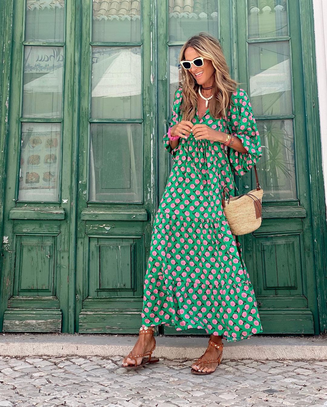 Effortless Floral Maxi Dress for Women with V Neck Bell Sleeve Tiered Ruffle Flowing Bohemian Style