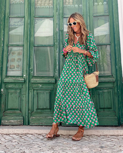 Effortless Floral Maxi Dress for Women with V Neck Bell Sleeve Tiered Ruffle Flowing Bohemian Style