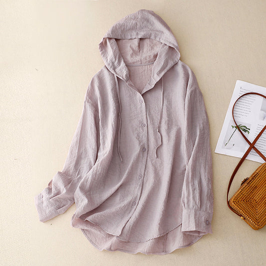 Effortless Linen Hooded Shirt for Women with Drawstring Hood Long Sleeve Button Front Relaxed Casual Style