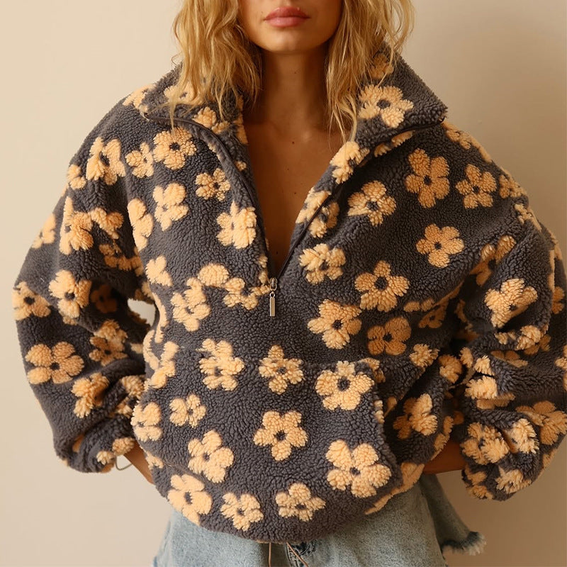 Comfortable Floral Sherpa Pullover for Women with Collar Quarter Zip Long Sleeve Oversized Style