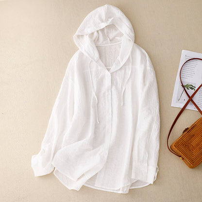 Effortless Linen Hooded Shirt for Women with Drawstring Hood Long Sleeve Button Front Relaxed Casual Style