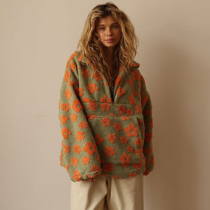 Comfortable Floral Sherpa Pullover for Women with Collar Quarter Zip Long Sleeve Oversized Style