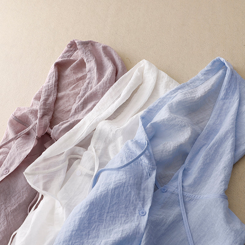 Effortless Linen Hooded Shirt for Women with Drawstring Hood Long Sleeve Button Front Relaxed Casual Style