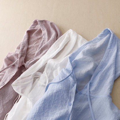 Effortless Linen Hooded Shirt for Women with Drawstring Long Sleeve Button Front Relaxed Style